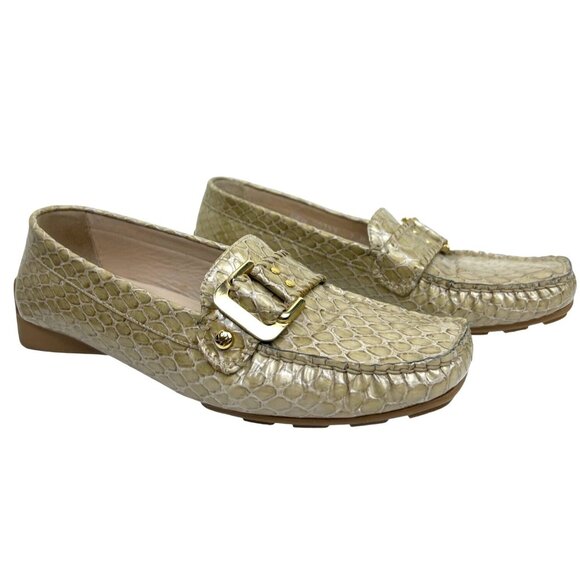 Stuart Weitzman Loafers Snakeskin Embossed Patent Leather Beige Gold Buckle 7M - Picture 9 of 10